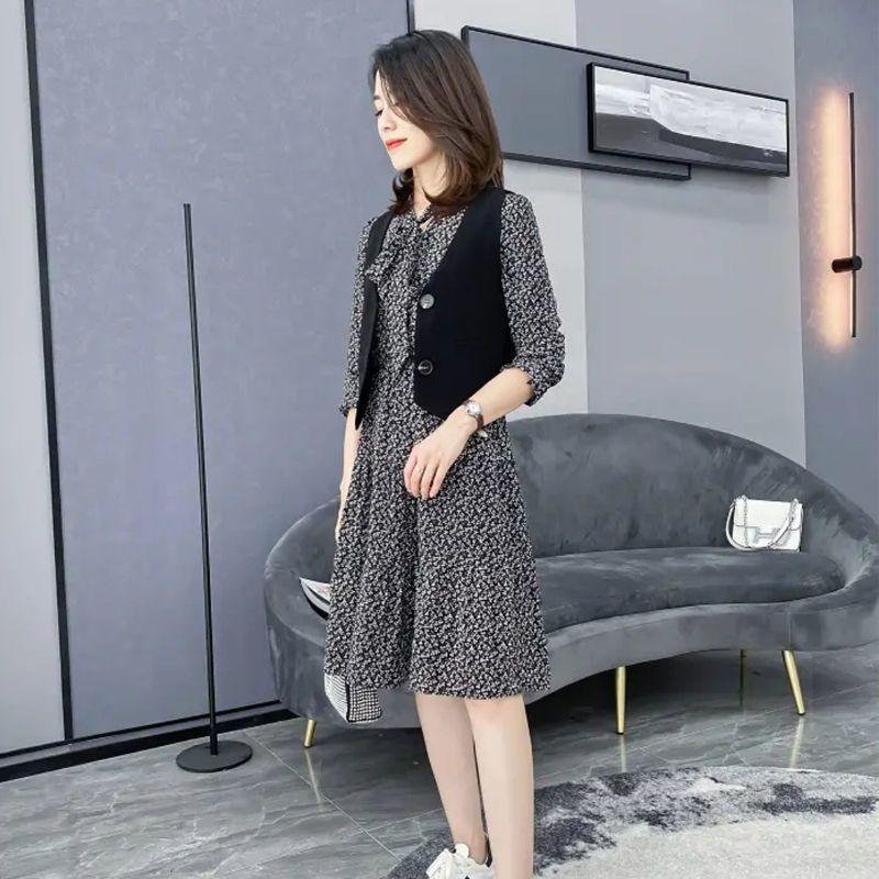 Two-Piece Floral Dress & Vest Set - Spring 2026 Elegant Slim Fit, Long Sleeve, Elastic Waist