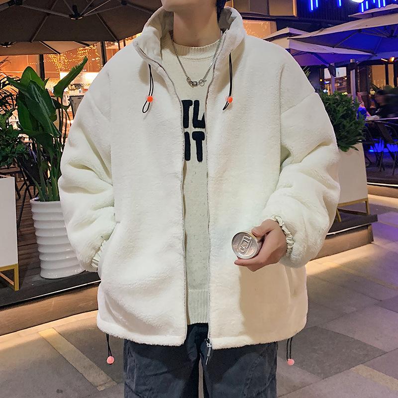 Neuer Wintermantel aus Lammsamt-Baumwolle für Herren, lockere und trendige Jacke im Hongkong-Stil, Baumwollmantel mit Stehkragen und Kordelzug für Herren