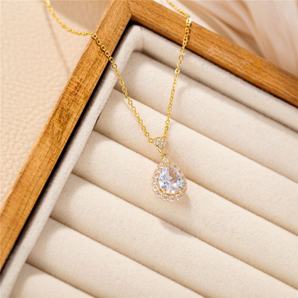 Female Crystal White Pink Green Purple Zircon Stone Water Drop Pendant Necklace Vintage Gold Color Wedding Jewelry For Women