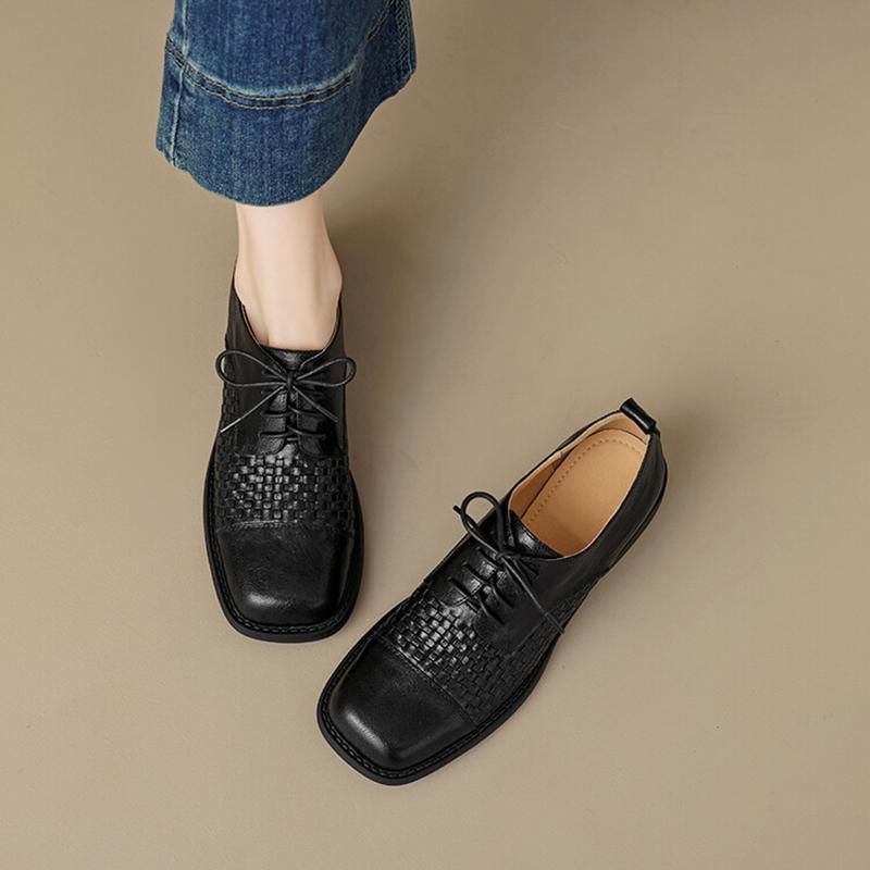 Fashion NEW Spring/Autumn Women Pumps Square Toe Chunky Heel Shoes Genuine Leather Shoes for Women Retro Weave Lace-up Women Loafers