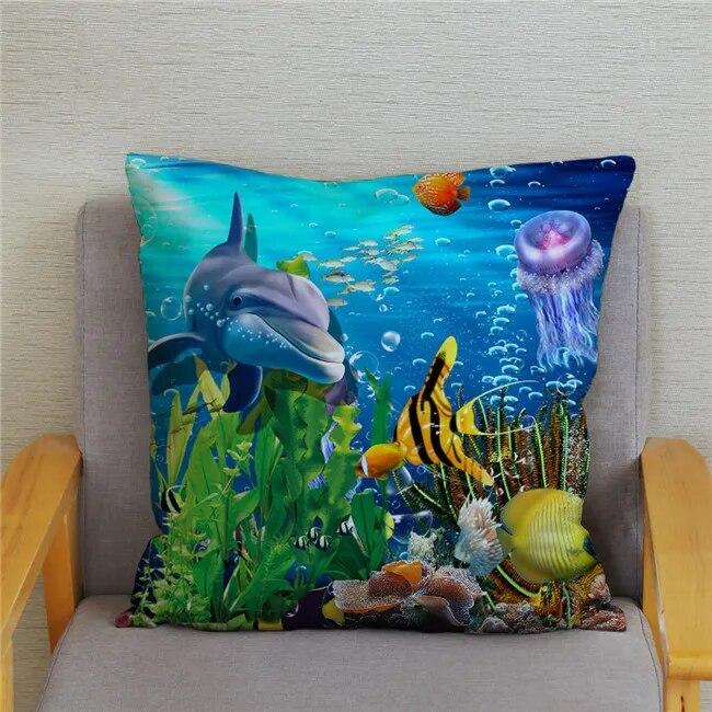 Cushion Cover Ocean Dolphin Pattern Underwater World Print Pillow  Kids Sofa Home Decor