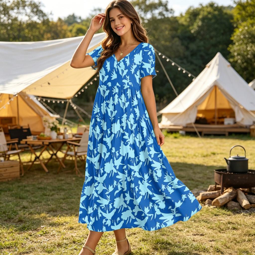 Women’s Casual Loose Fit Bohemian Style Short Sleeve V Neck Printed Maxi Dress for Summer and Spring Outings and Daily Wear