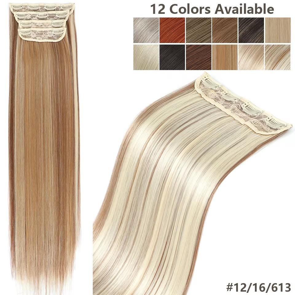 26Inch 4Clips In 200Gram Silky Straight Ombre Brown 12# Colored Highligh Blond P27/613 High Temperature Synthetic Hair Extension