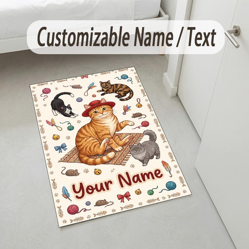 Cat Theme Crystal Velvet Rug Personalized Custom Name Text Soft Floor Mat Home Decor