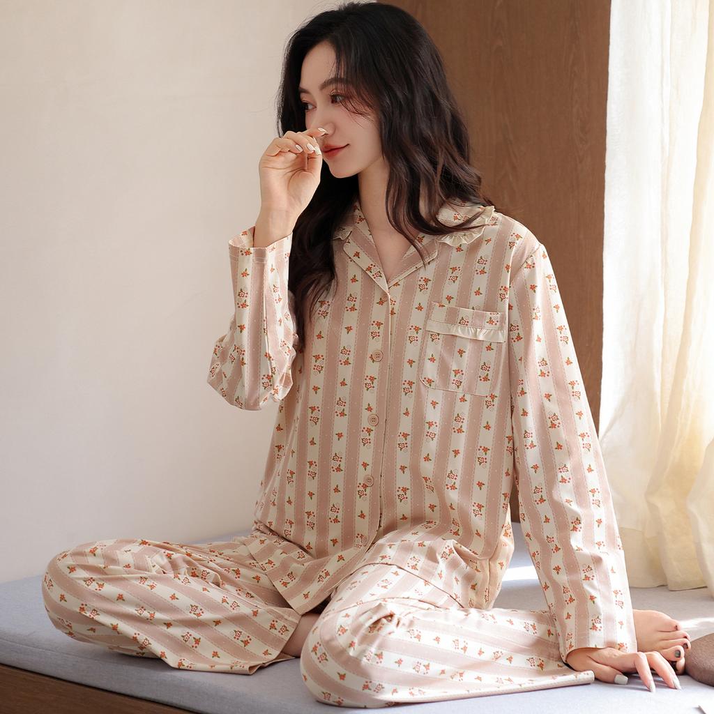 Women's pajamas pure cotton comfortable and simple thin spring and autumn cotton long-sleeved trousers cardigan loungewear can be worn outside set