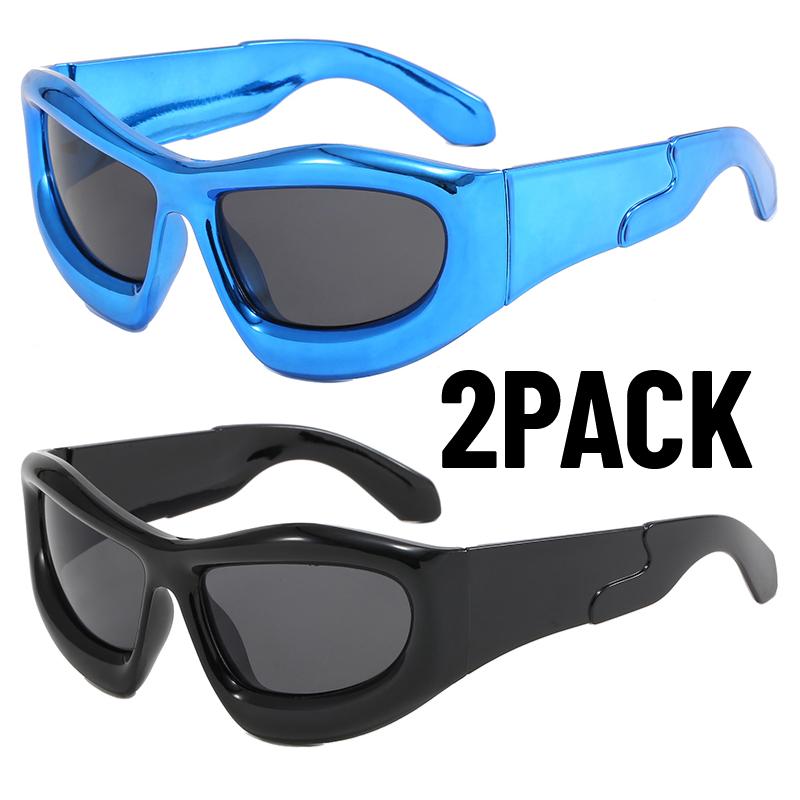 2PACK Trendy Men Cycling Climbing Glasses UV400 Protection High-end Silver Sunglasses Fashionable Square Frame