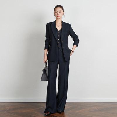 2025 Autumn/Winter Elegant Women's Navy Blue Slim Fit Three-Piece Suit Set