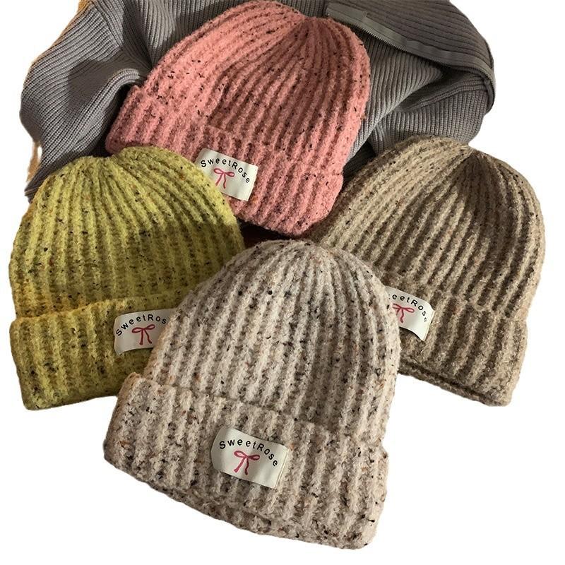 Korean Style Bow Patch Warm Knitted Woolen Hat for Women In Autumn and Winter Cold Hat Showing Face Small Big Head Circumference Hat