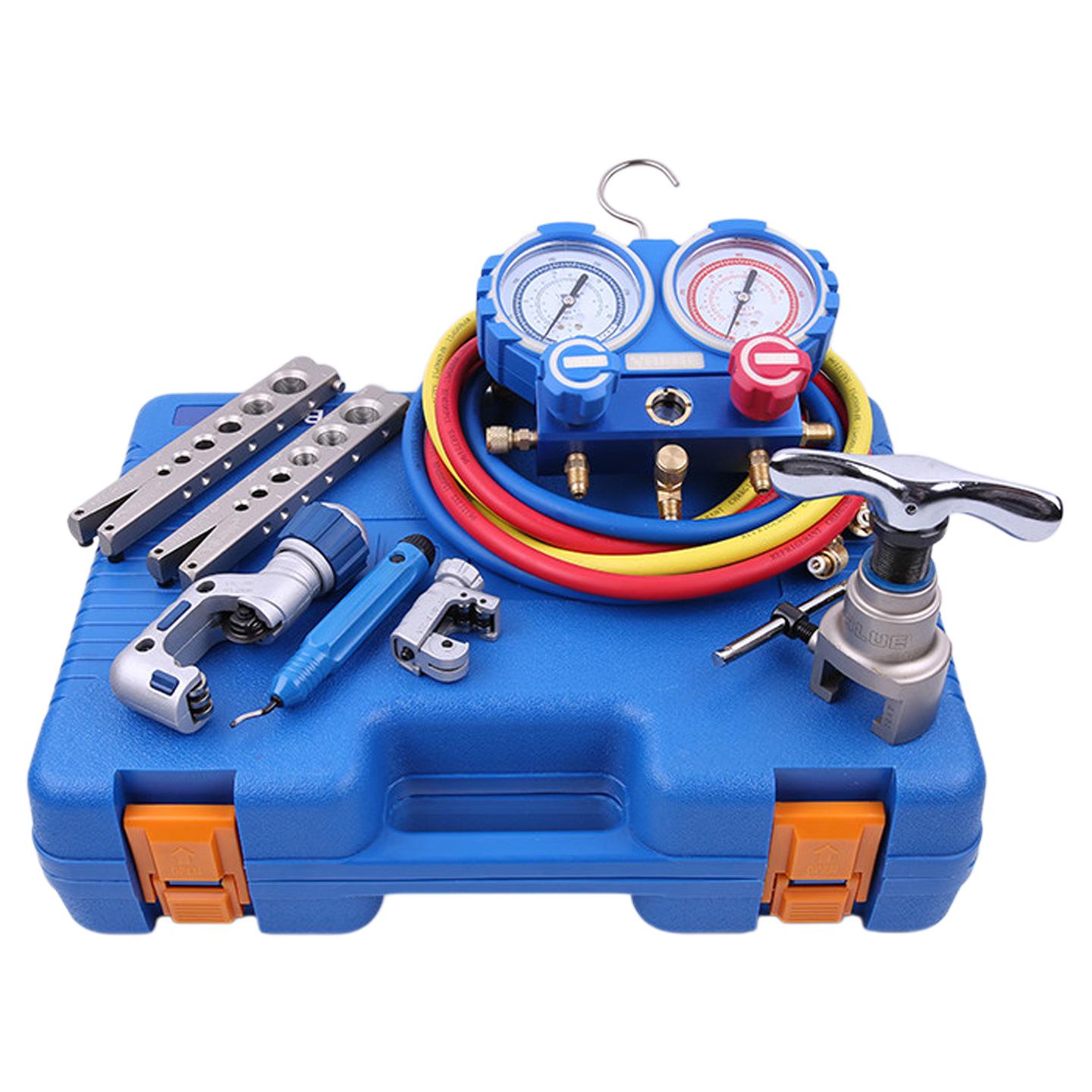 Feiyue VTB-5B Refrigeration Repair Kit: Refrigerant Gauge, Tube Expander, Flaring Tool, and Cutter Set.