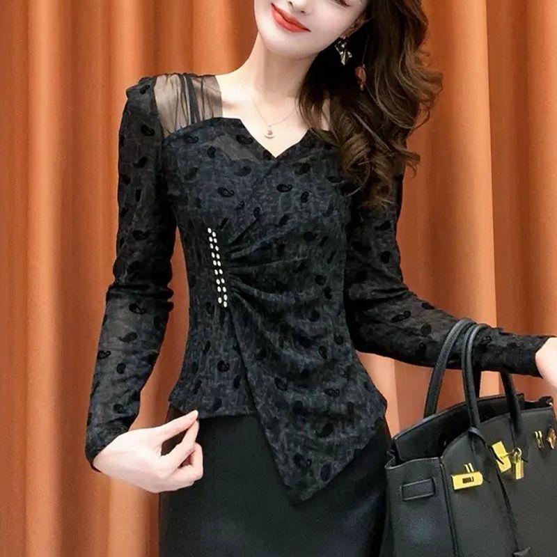 Western Style Irregular Bottoming Shirt for Women Autumn New Top Slim Fit V-neck Long Sleeve Mesh Splicing