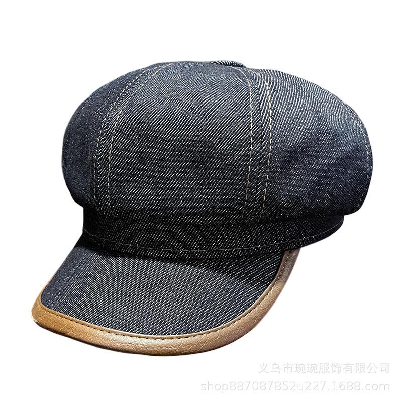 Spring and Autumn New Denim Octagonal Hat Men's and Women's Outdoor Solid Color Versatile Retro Painter Hat Show Face Small Equestrian Hat