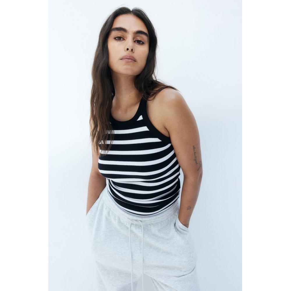 

H M Ribbed Sleeveless Top Black wHite Stripe