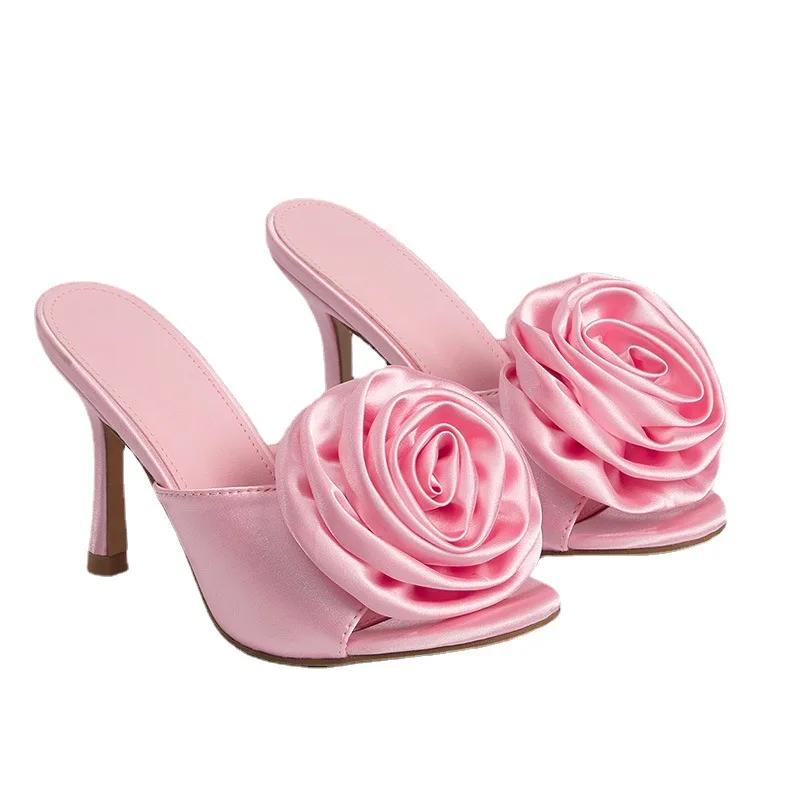 New Women Sandals Sexy Flower Decorated Peep Toe Slip-On Silk 9.5CM Thin Heels Elegant Summer Slippers Dress Shoes Pink
