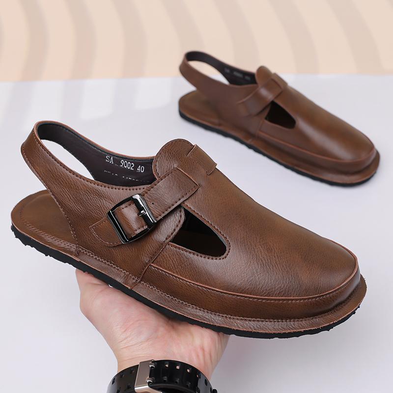 Men Flats Summer Roman Sandals Retro Brown Leather Closed Toe Beach Shoes Large Size