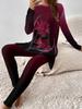 Crew neck long-sleeved set slim-fitting sports retro pattern printed slim-fitting yoga trousers set