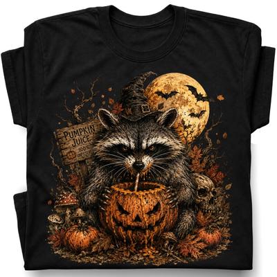 Raccoon Pumpkin Juice Moon Bats T-Shirt Autumn Raccoon Harvest Tee 1