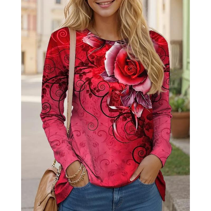 

Long Sleeve Floral Pattern Gradient Women T-Shirts Spring Autumn 3D Flower Printed Street Casual Tops S