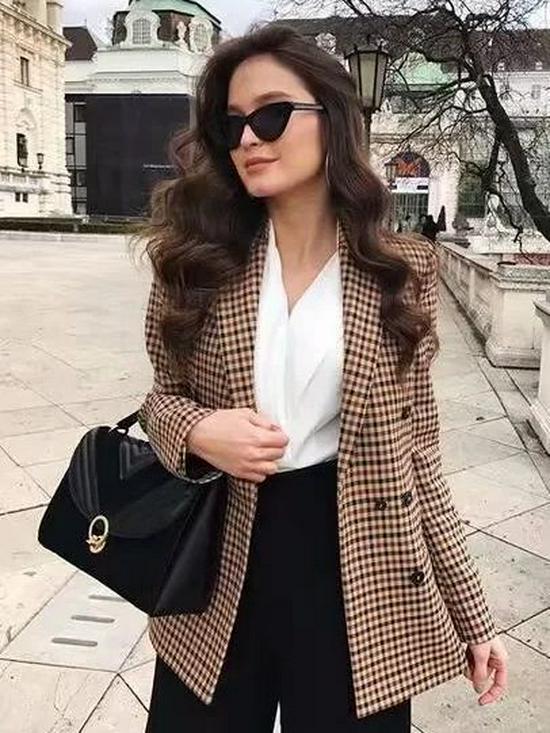 European & American Style Women's Plaid Double-Breasted Suit Jacket - Autumn 2024 Top 5 Colors