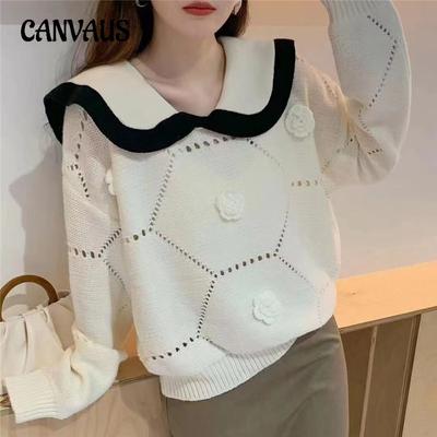 Autumn and Winter Women's Gentle Department of Sweet Wind Three-dimensional Rose Flowers Hollowed Out Knit Sweater Collision Doll Collar Knitwear