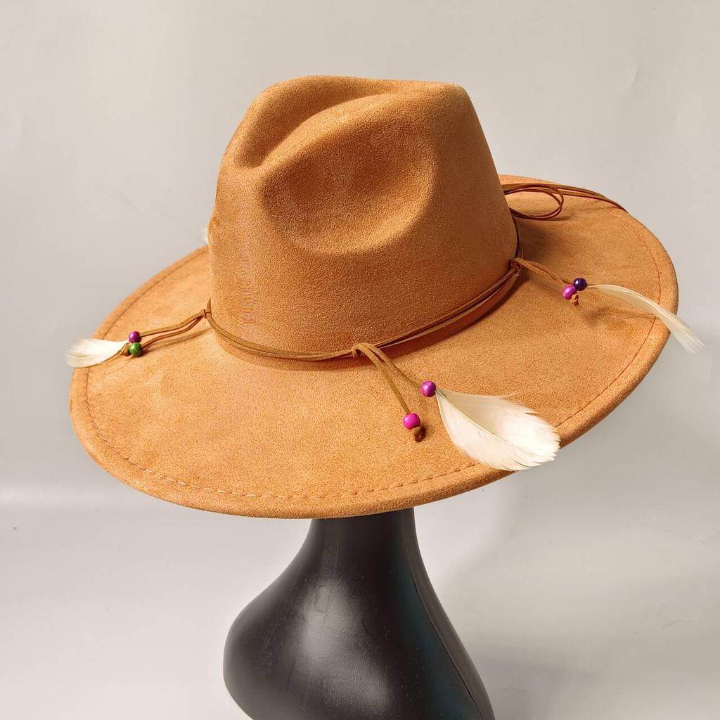 2026Bohemian style suede hat, brim 9.5 cm fedora with feather accessories, classic church hat, wide brim hat, women's hat