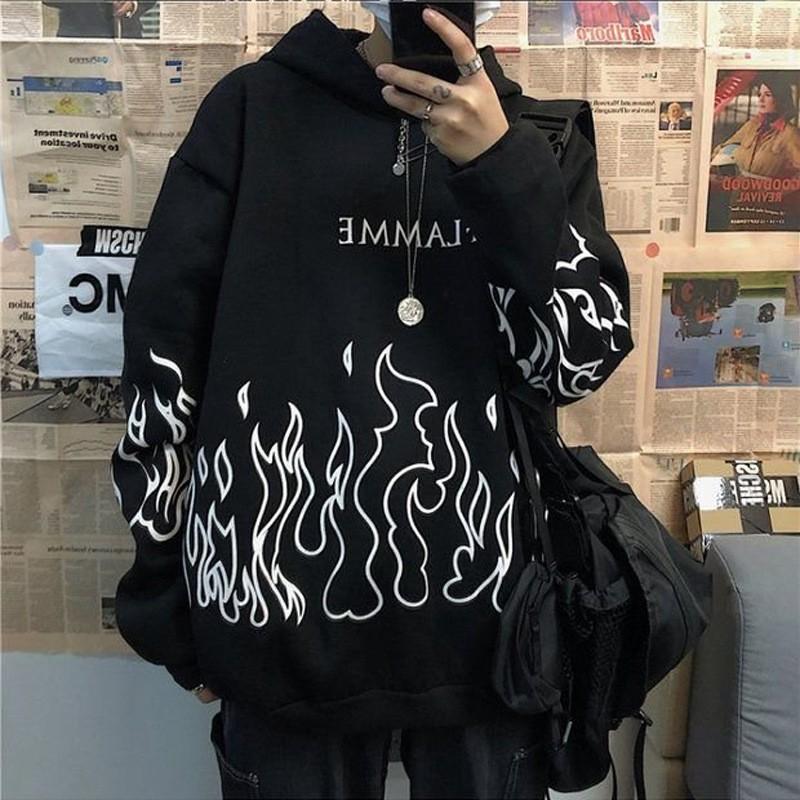 Harajuku BF Style Street Hip-hop Retro Flame Print Loose Hooded Couple with Fleece Hoodie