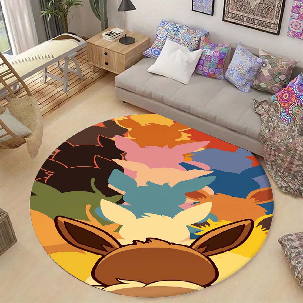 Cute Eevee Round Carpet Pokemon Cartoon Anti-Slip Floor Mat Living Room Home Decor 80cmx80cm