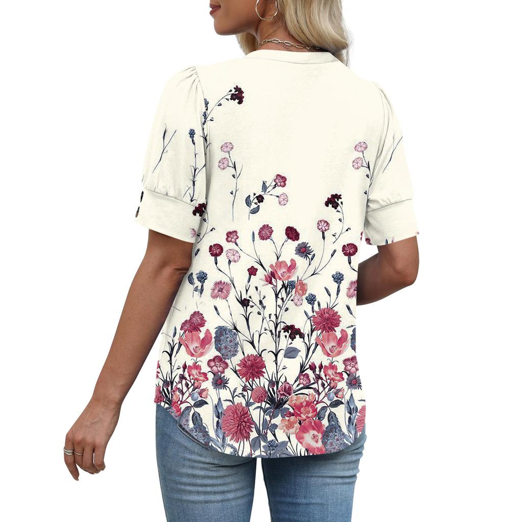 Womens Tops Short Sleeve Shirts Buttons V Neck  Fashion Outfits  Blouses  Casual