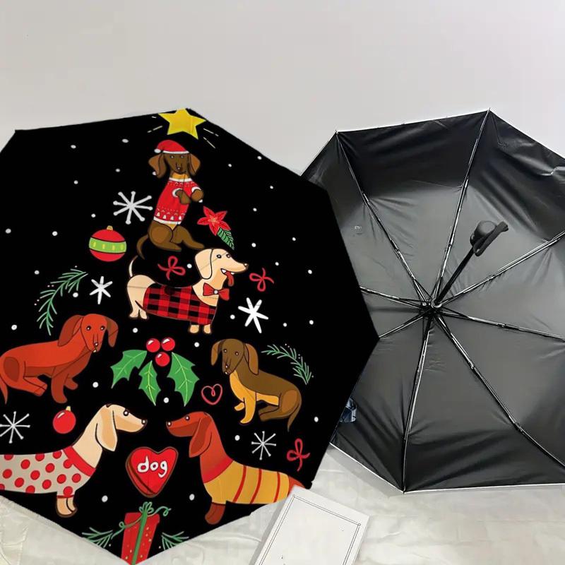 1pc Christmas Tree with Dachshunds Umbrella with Plastic Handle,Suitable for All Seasons Home Travel Outdoor UmbrellaDD328