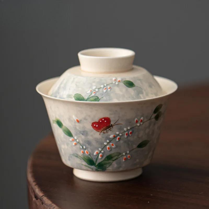 150ml Hand Drawn Orchid Butterfly Gaiwan Aesthetic Tea Tureen Tea Bowl With Lid Kit Maker Cover Bowl  Ceremony Collection