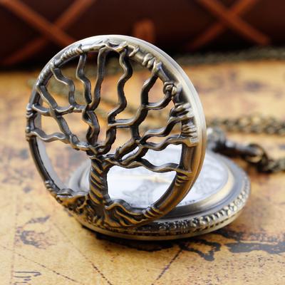 Steampunk Retro Bronze Hollow Tree of Life Quartz Pocket Watch With Fob Chain Women Watch Pendant Necklace Chain Men Gift
