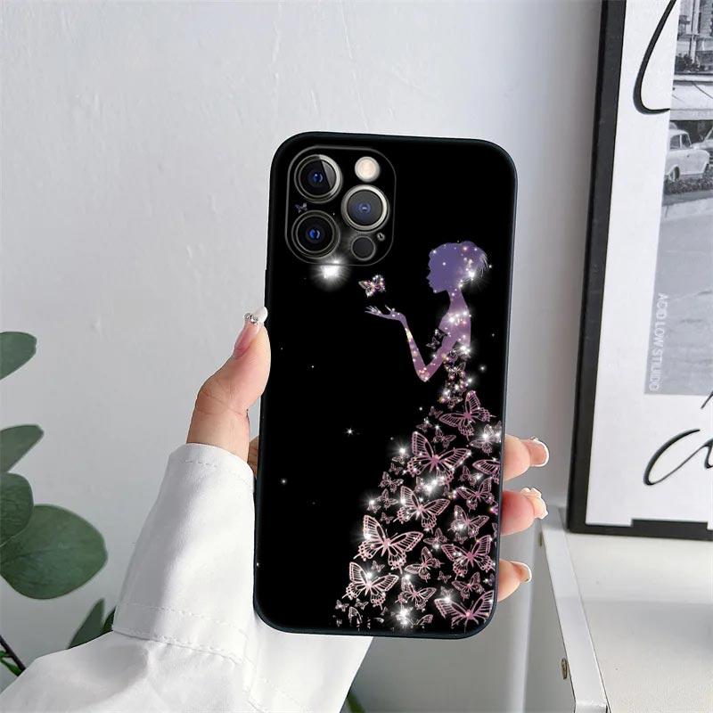 Butterfly Love Black Phone Case for iPhone 11 15 16 Pro Max Case Coque 14 Plus 13 Pro 12 11 XS 16 8 SE 2020 15Pro TPU Soft Cover