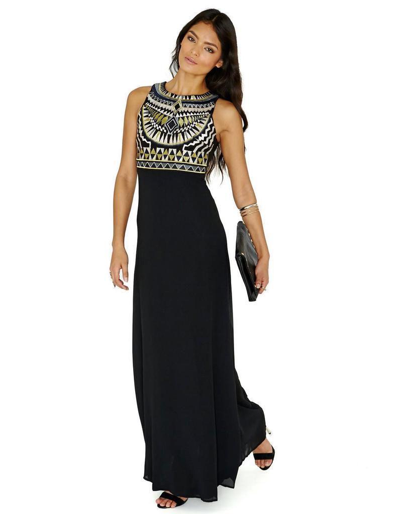 Elegant Women Round Neck Sleeveless Geometric Print Chiffon Dress Long Floor Length Stylish Casual Attire