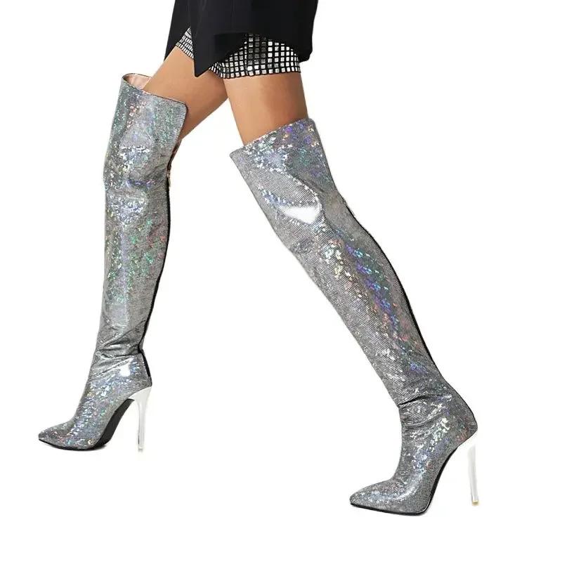 Ladies Pointed Bling Diamond Thigh Boots Rhinestone Boots Printed Retro Over The Knee Boots Transparent Stiletto High Heels Size