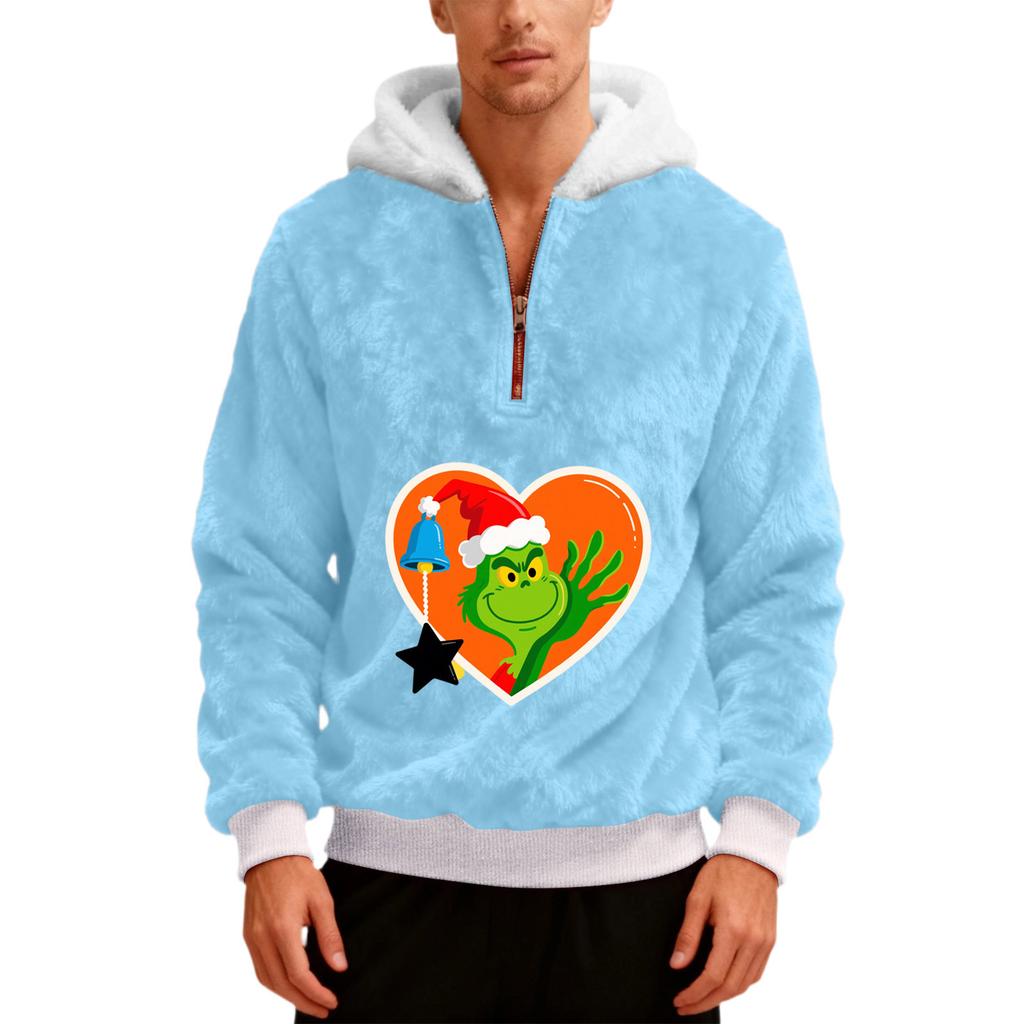 Pánská plyšová mikina s kapucí a polovičním zipem