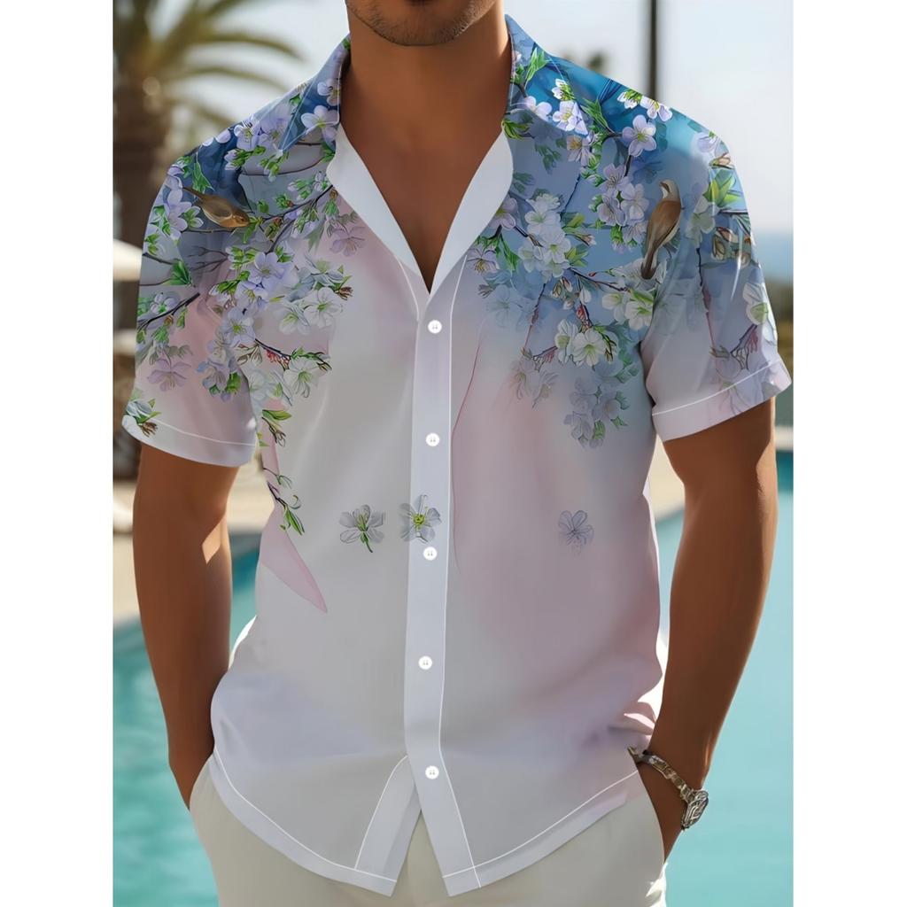 2026 New Men's Short Sleeve Outdoor Button Shirt 3D Peach Blossom Ink Painting Print Casual Outing Vacations Summer Man Clothes