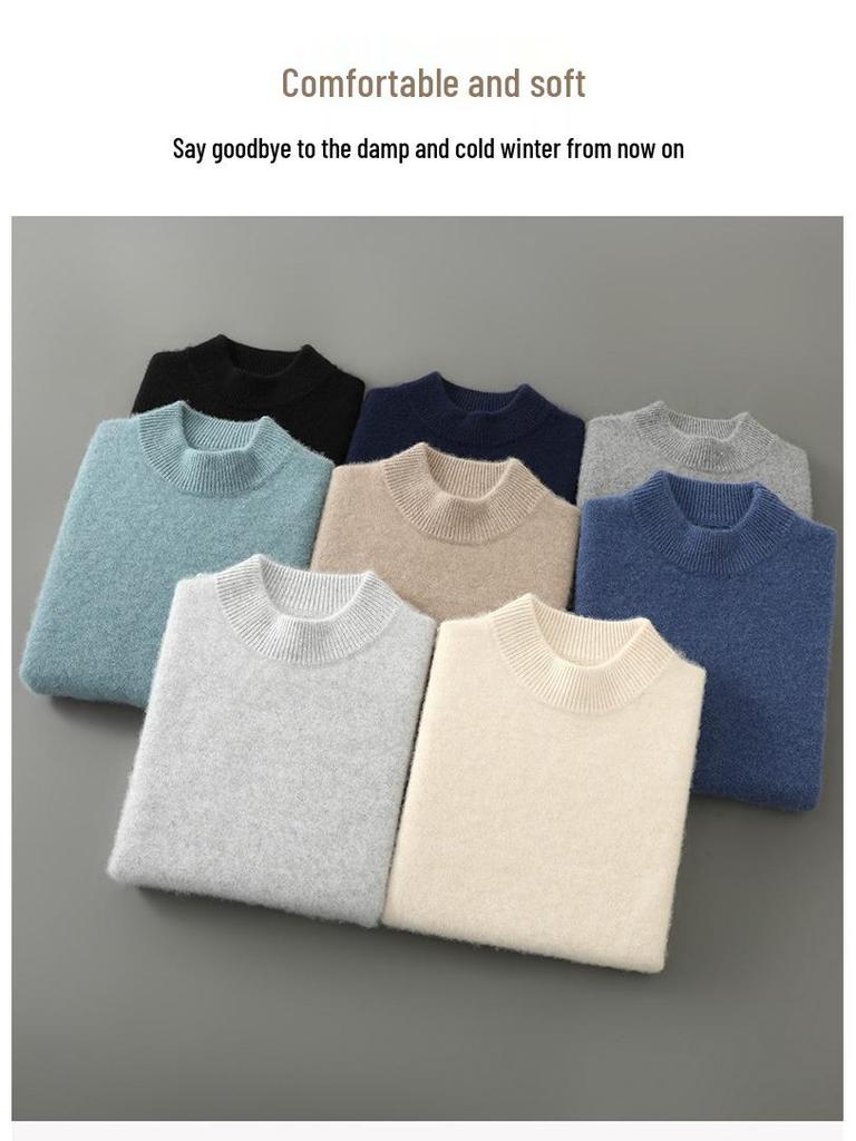Men's Pure Wool Half-High Collar Thick Business Pullover Sweater - Loose Knit Base Layer