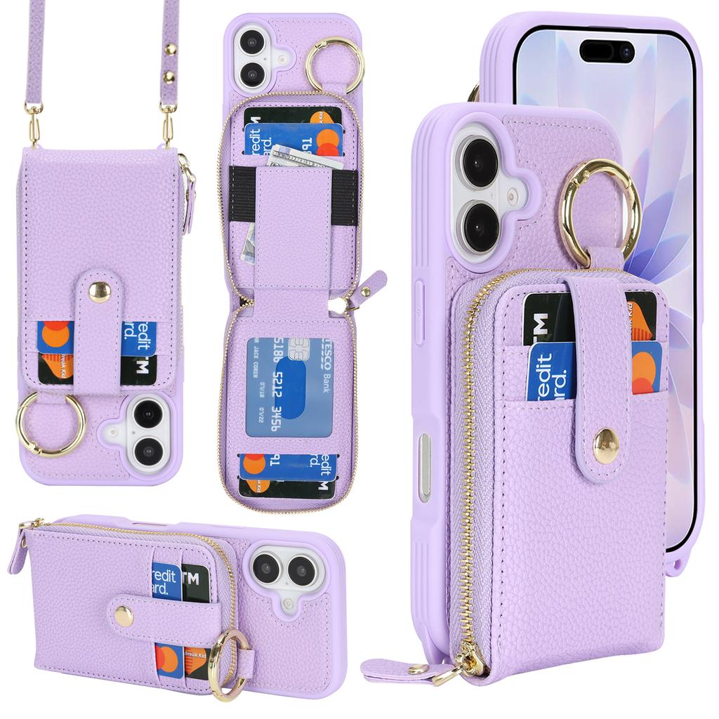 For iPhone 17 Case with Zipper Pouch / Ring Kickstand / Strap Litchi Texture PU + TPU Phone Cover