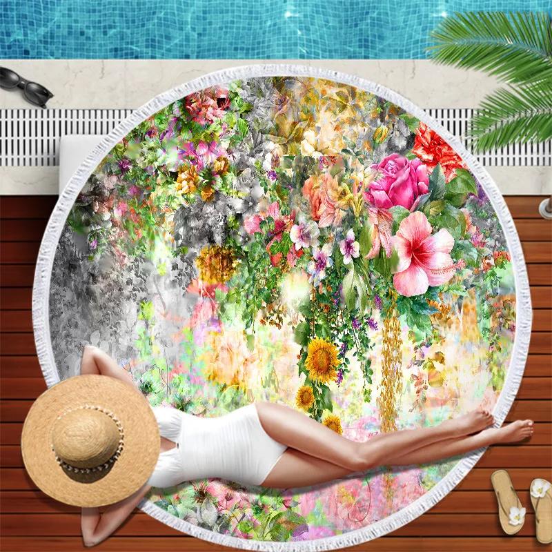 Large Round Colorful Flower Printed Beach Towel Diameter 3D Print Microfiber Blanket With Tassel Fringe Yoga Mat For Adult