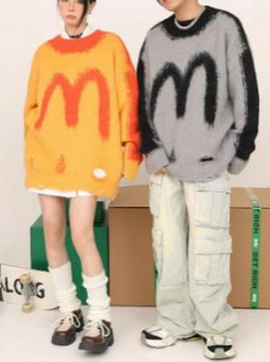Unisex Retro Loose-Fit Knit Sweater with Ripped Design - McDonald's Inspired Round Neck