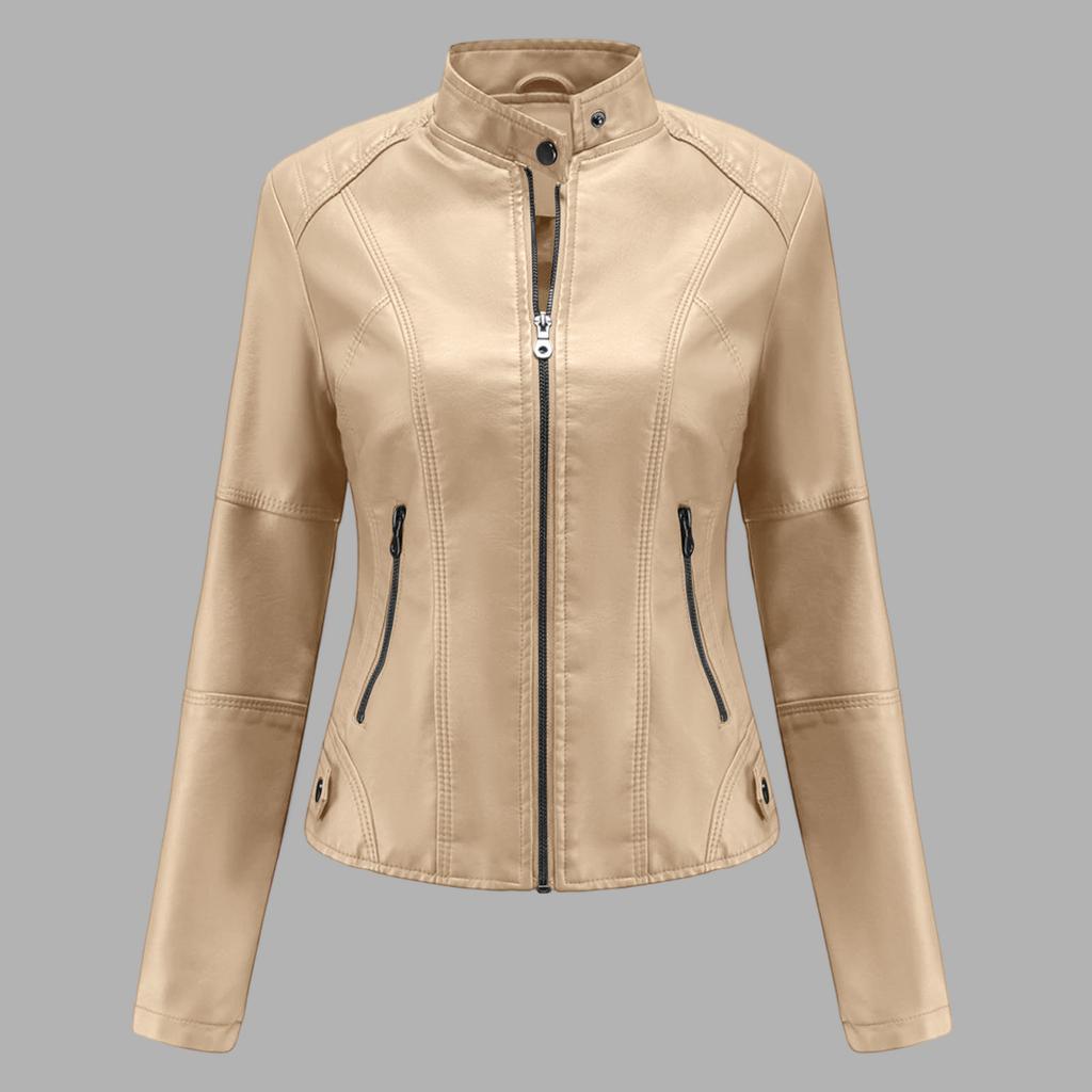 Women's Casual Fashion Slim Fit Thin Motorcycle Large Size Stand Collar Leather Jacket