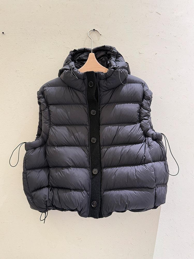 Down vest women's short winter thickened hooded white duck down jacket knitted splicing to keep warm