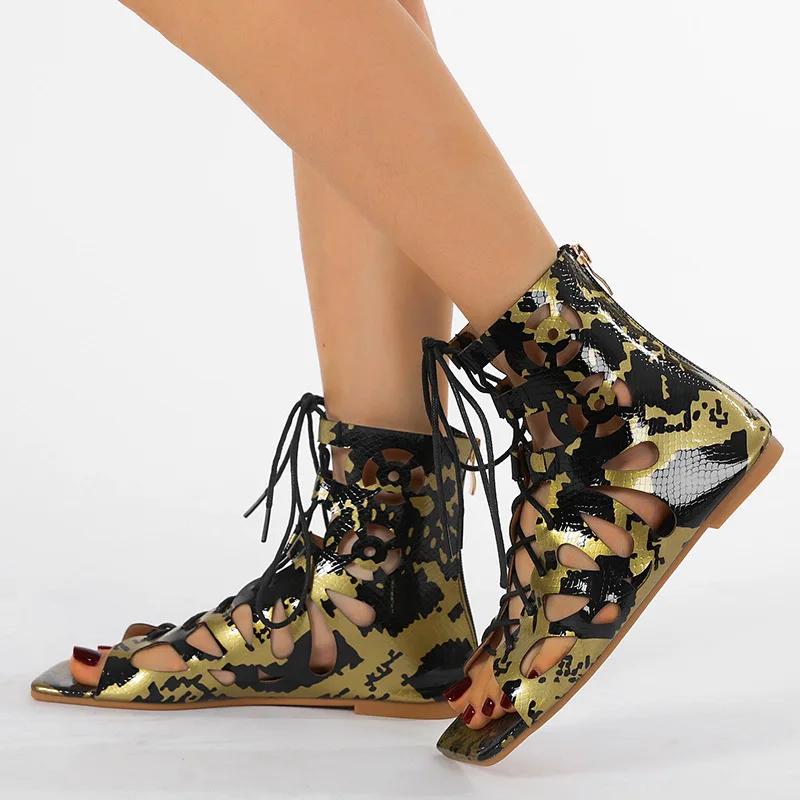 Mode Gold Sommer Gladiator Sandalen Stiefeletten Flats Cut Out Nieten Punk Eckige Zehenpartie Sandalen Stiefeletten Freizeitschuhe Frau Zapatos