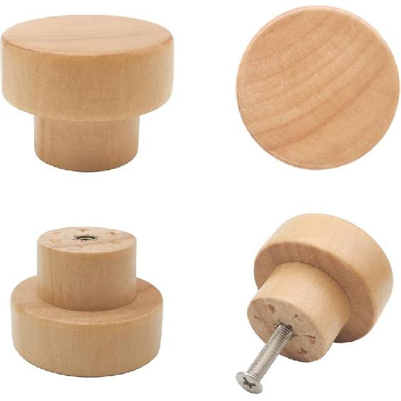 16PCS Wood Knobs Flat Top Round Cabinet Knobs Natural Wooden Dresser Drawer Pulls (Diameter: 35mm/1.38 inch, Height: 25mm/0.99 inch) 10 Pieces
