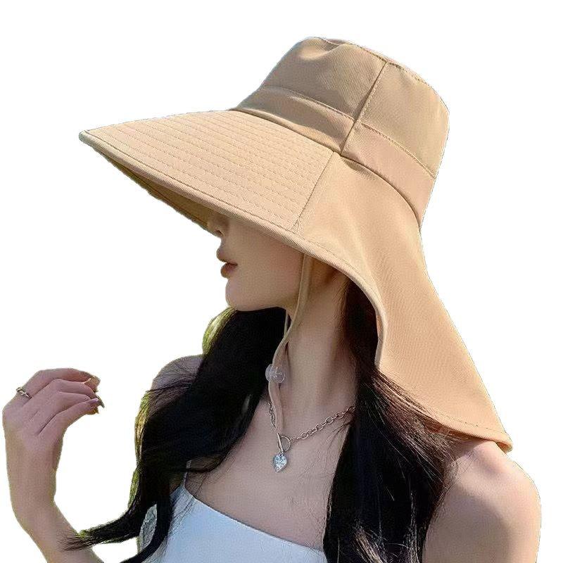 Damen-Sommerhut mit breiter Krempe und UV-Schutz, mit Halstuch und Pferdeschwanz-Bindung