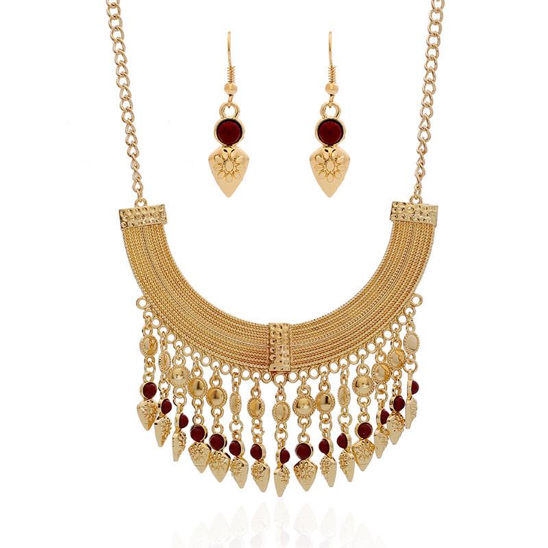 Necklace Fashion Tassel Eardrop Set With Layered Chain And Gemstone Details