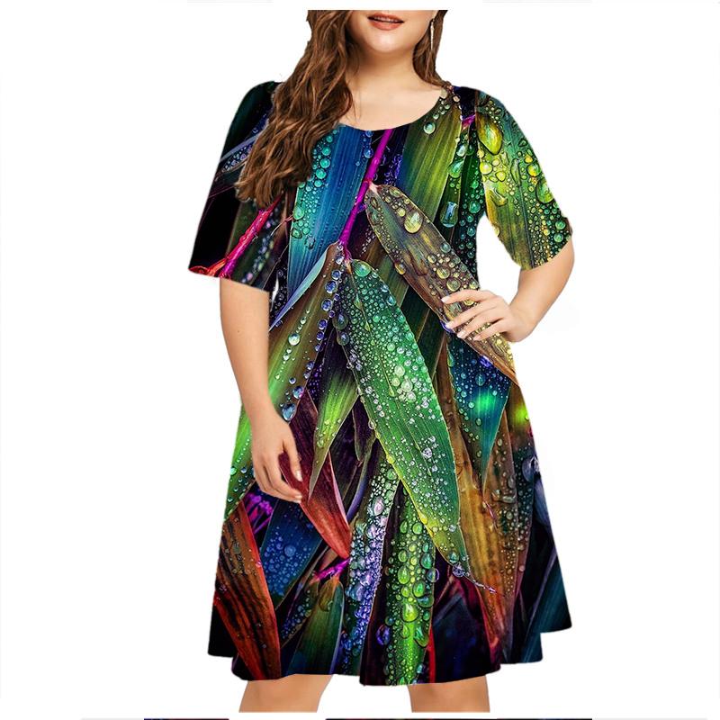Green Leaf Raindrop Women'S Dress Short Sleeve Summer Fashion O-Neck Loose Plus Size Dresses 6XL Casual 3D Print Mini Dress 5XL