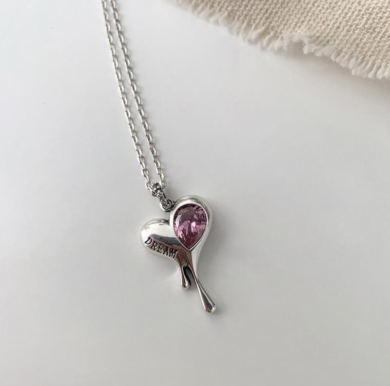 Irregular Design Letter Pink Zircon Love Necklace Sweater Chain Melted Heart Collarbone Chain