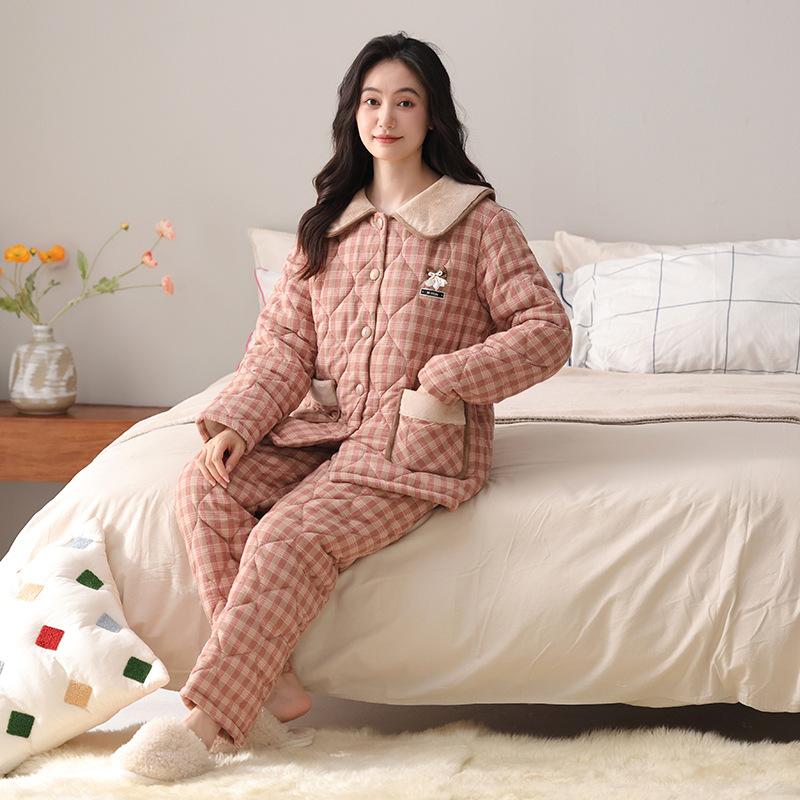 Woven pure cotton three-layer padded thickened pajamas women's winter fleece coral fleece flannel loungewear winter padded jacket