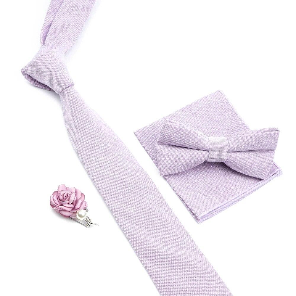 Solid Color Cotton Necktie Set For Men Tie 4pcs Hanky Cufflinks Rhinestone FLoral Brooch Tie Set