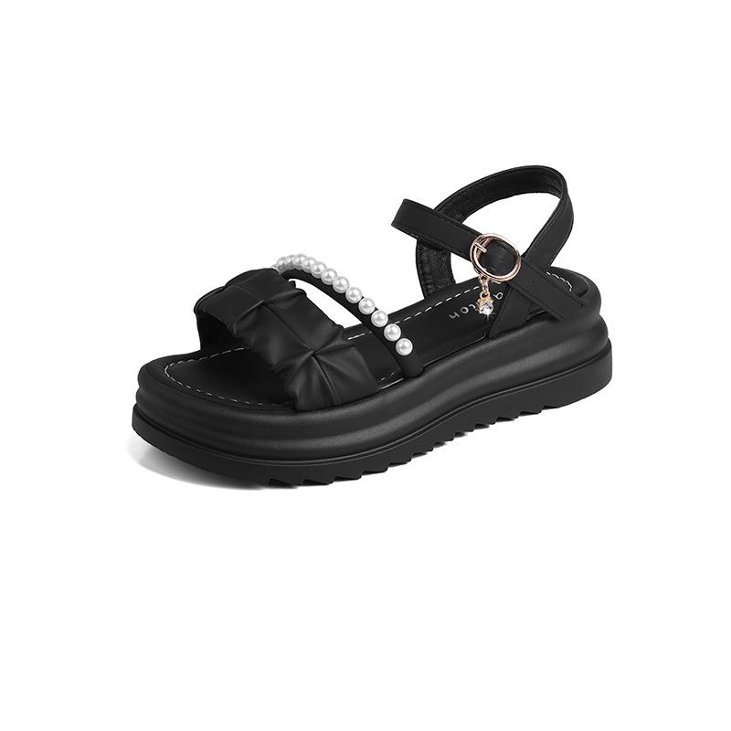 

Platform sandals women s new platform comfortable one-word buckle college style pearl casual beach shoes women 40 чёрный